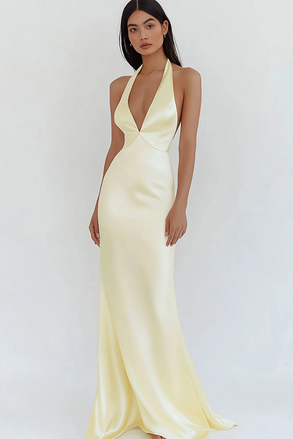 Daffodil Satin Sheath Halter V-Neck Long Prom Dress - JUORTHO