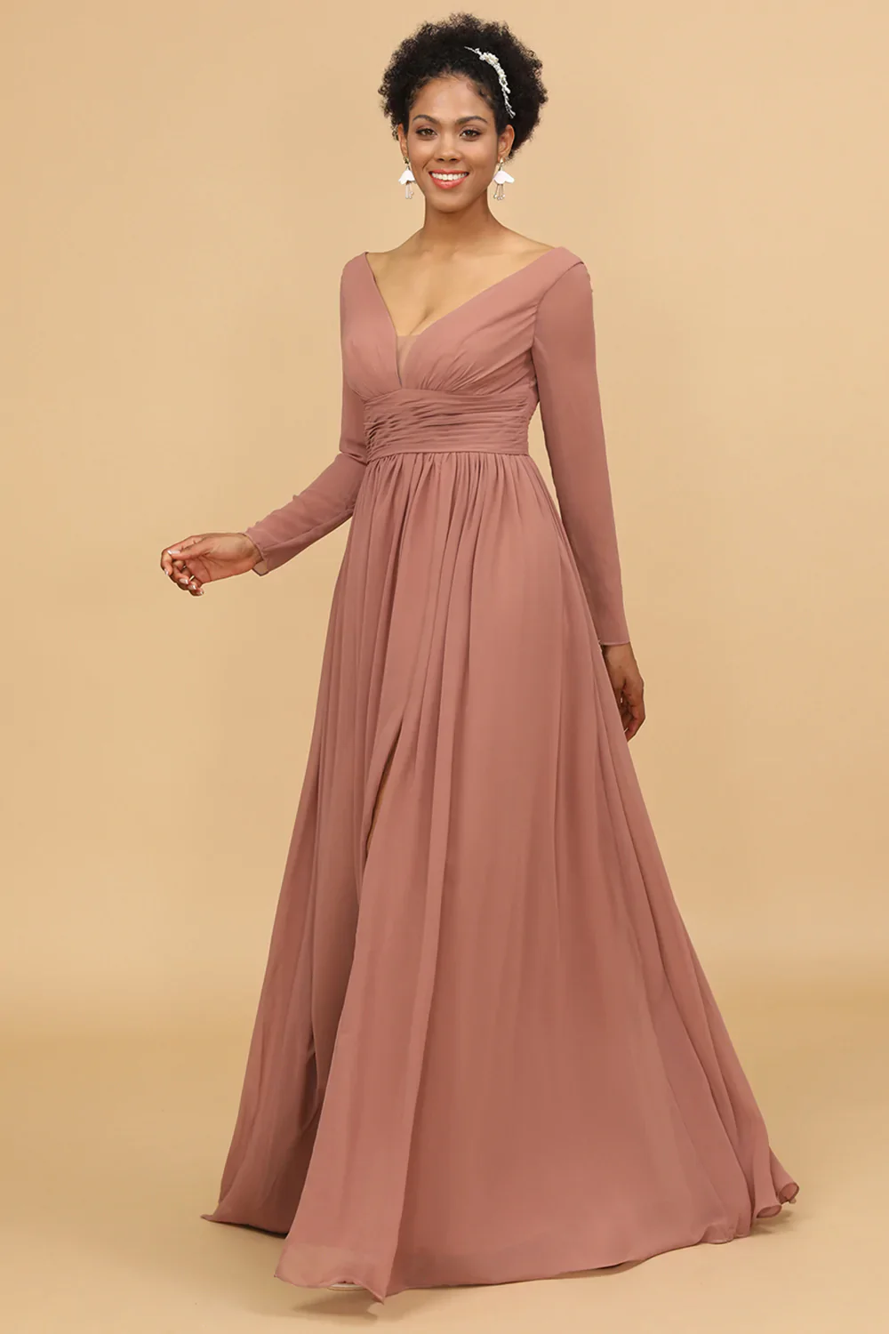 Blush V-Neck Long Sleeves Bridesmaid Dress - JUORTHO