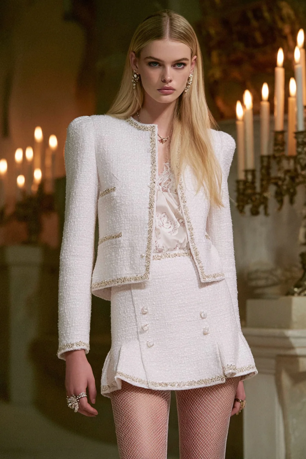 White 2 Piece Long Sleeves Tweed Homecoming Outfits with Buttons - JUORTHO