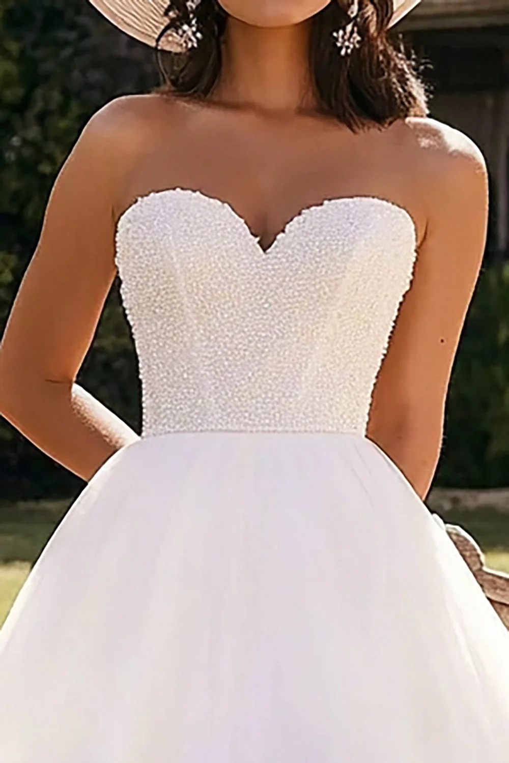 White Tulle Strapless A Line Engagement Dress with Ruffles - JUORTHO