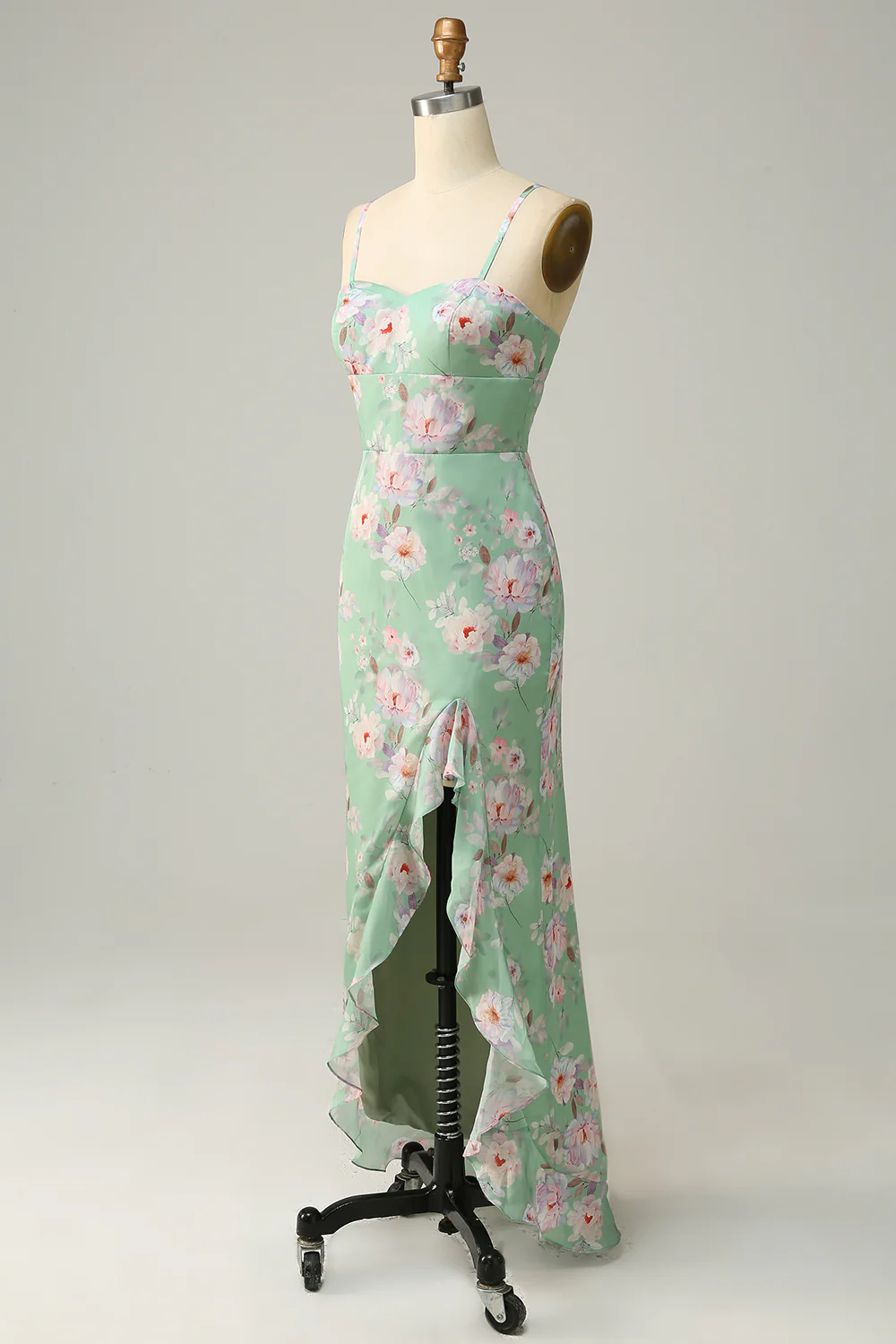 Light Green Spaghetti Straps Floral Bridesmaid Dress with Slit - JUORTHO