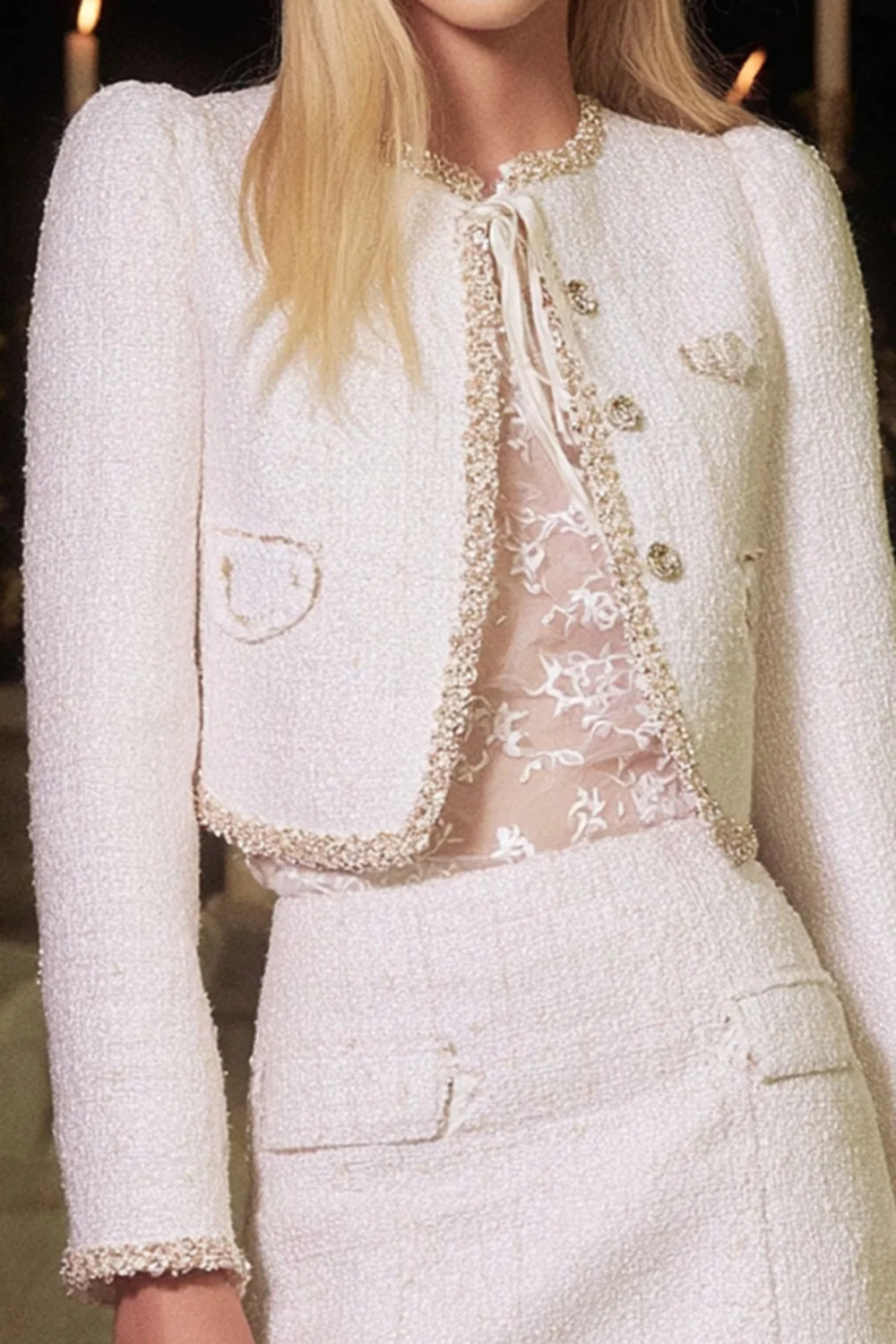 White 2 Piece Round Neck Tweed Homecoming Outfits with Sleeves - JUORTHO