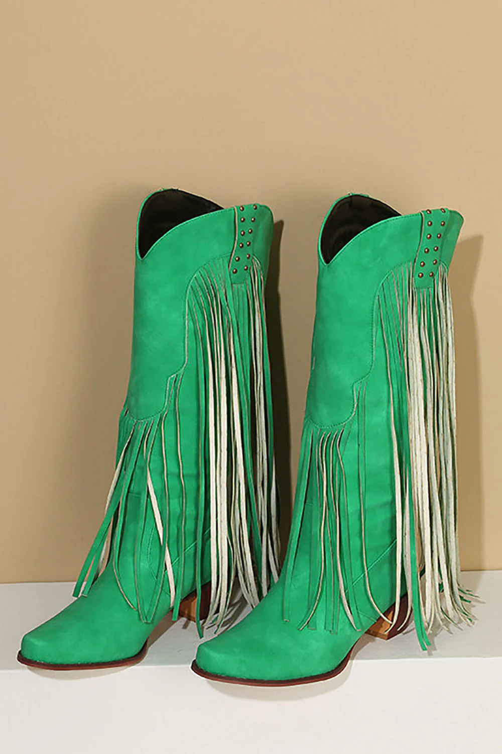 Blue Pointed Toe Wood Grain Thick Heel Boots with Tassel - JUORTHO
