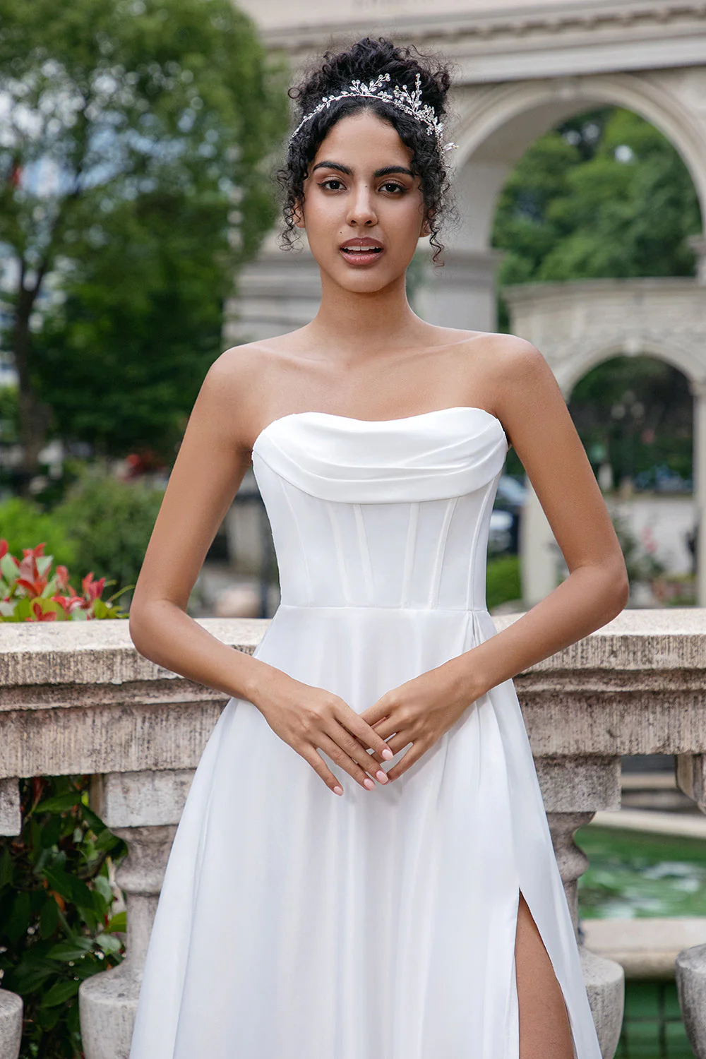 Elegant White A Line Strapless Pleated Sweep Train Corset Wedding Dress With Slit - JUORTHO