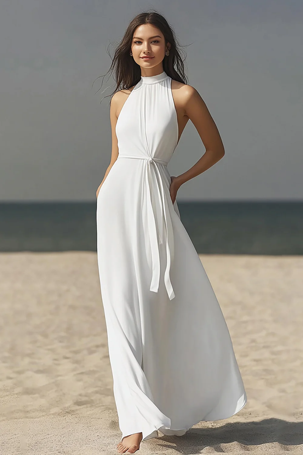 Chiffon Ivory High-Neck Maxi Rehearsal Dinner Dress with Sash - JUORTHO