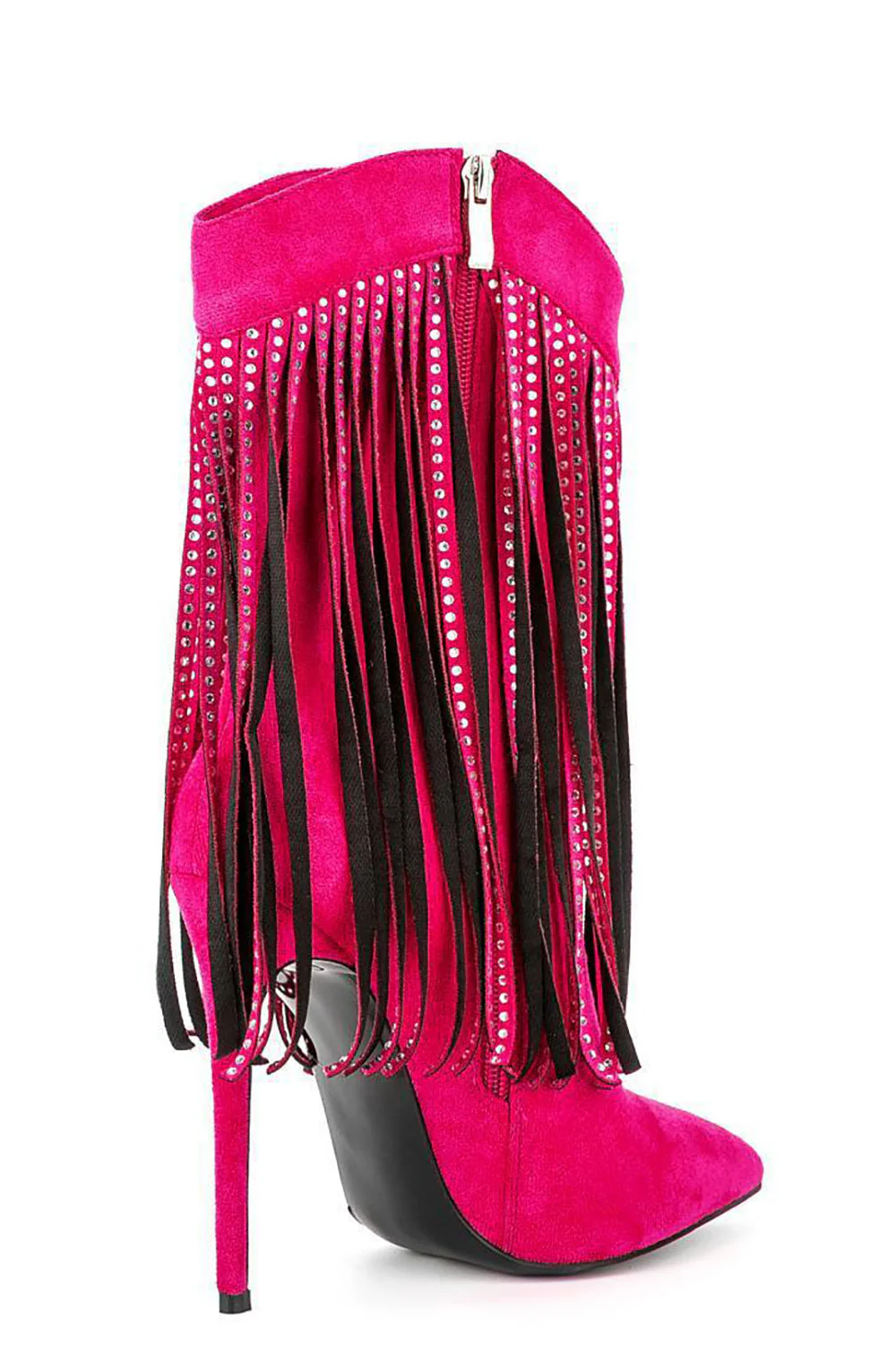 Black Suede Rhinestone Fringed Stiletto Heels Ankle Boots - JUORTHO