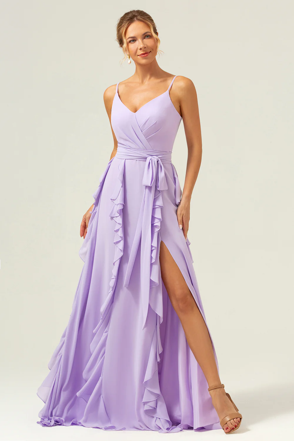 Lilac A-Line Spaghetti Straps Long Bridesmaid Dress With Slit - JUORTHO