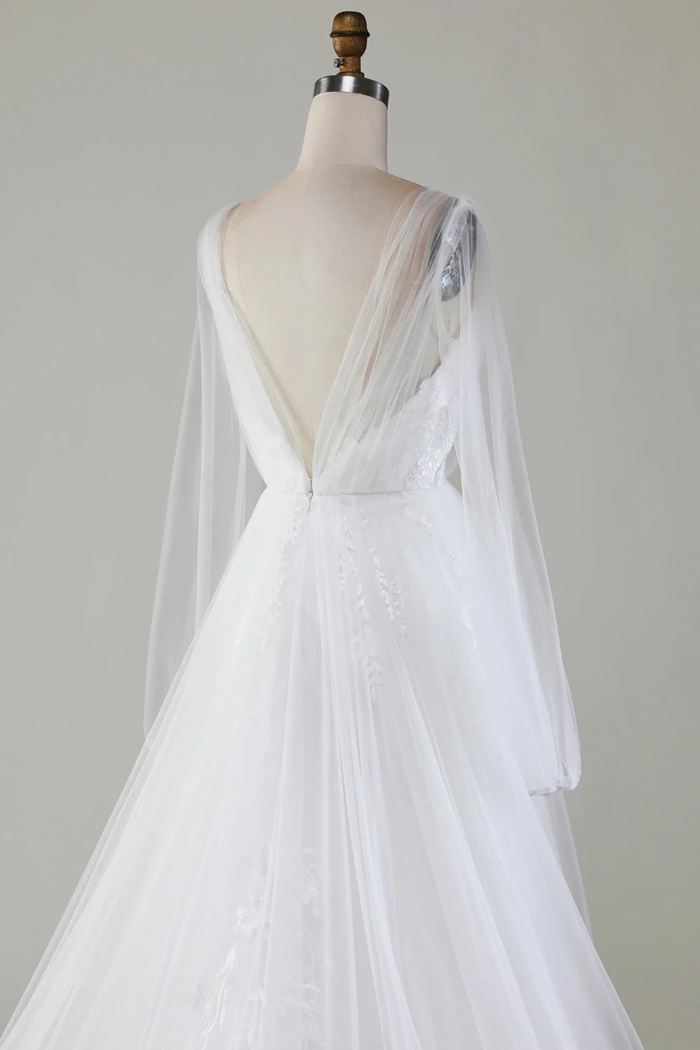Ivory A-Line V-Neck Pleated Tulle Wedding Dress With Long Sleeves - JUORTHO