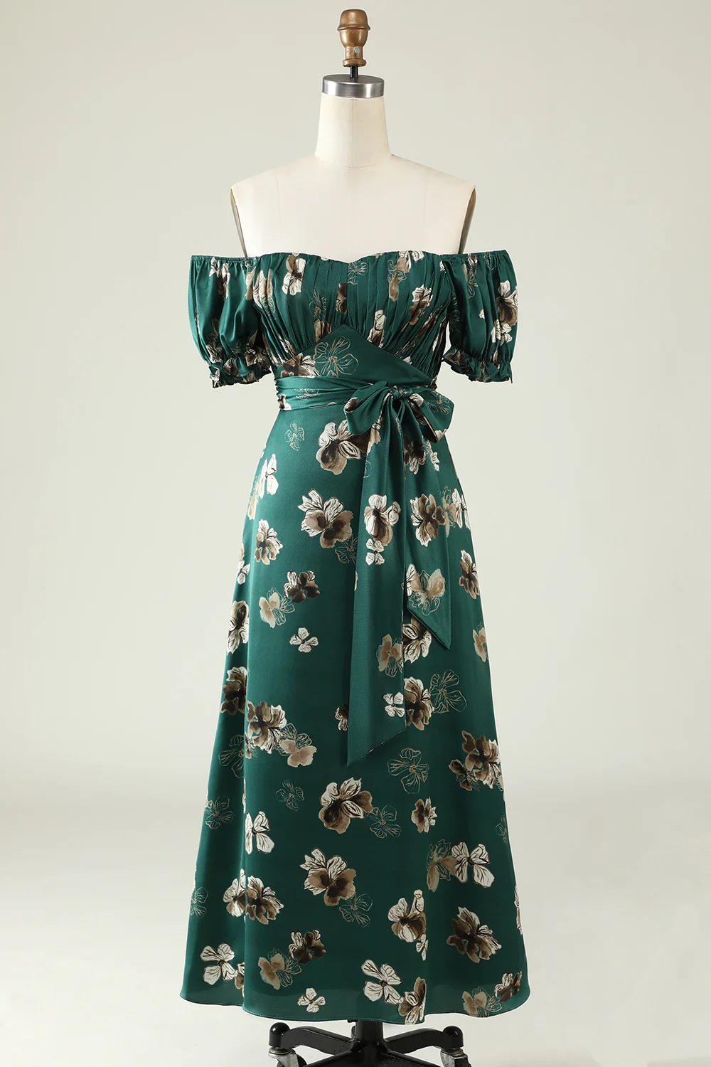 A Line Off the Shoulder Dark Green Printed Bridesmaid Dress - JUORTHO