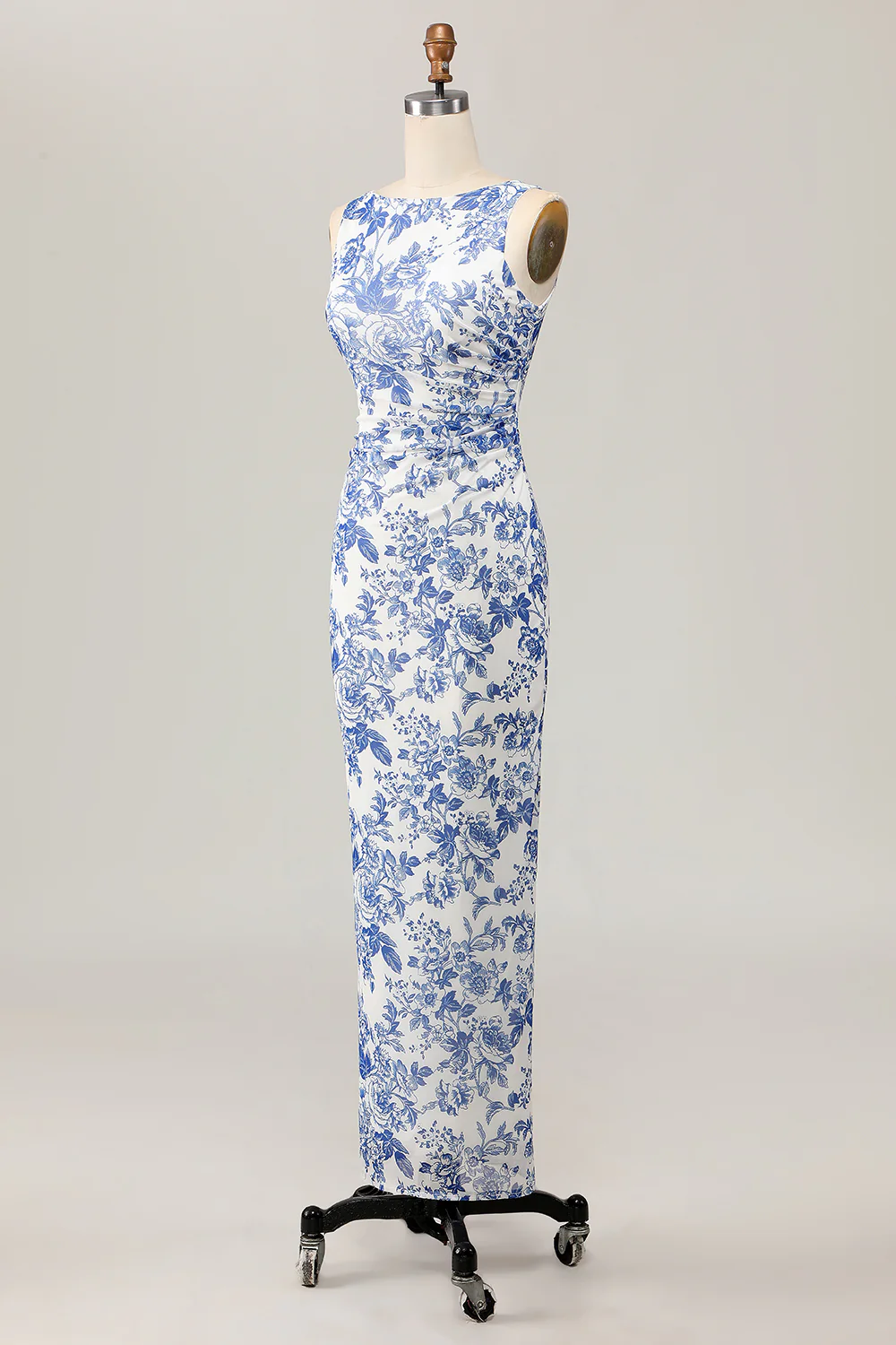 White and Blue Floral Sheath Long Wedding Guest Dress - JUORTHO