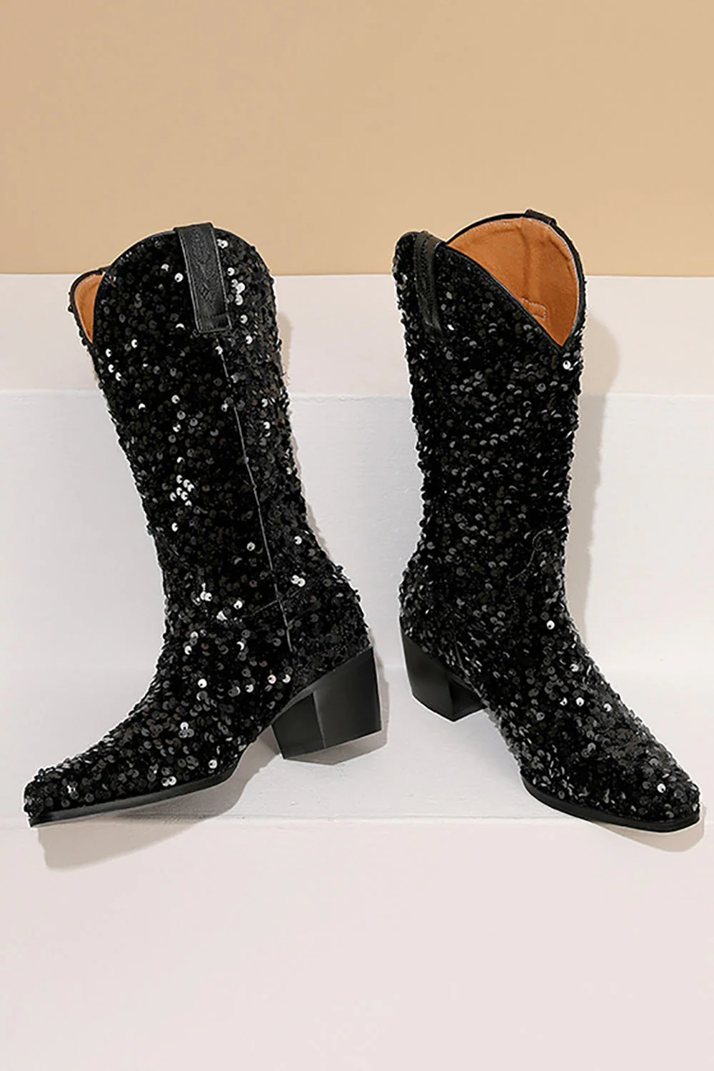 Glitter Black Mid Calf Sequins Snip Toe Chunky Heeled Boots - JUORTHO