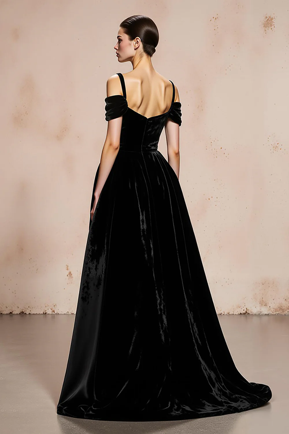 Black Ball Gown Velvet Cold Shoulder Long Holiday Party Dress - JUORTHO