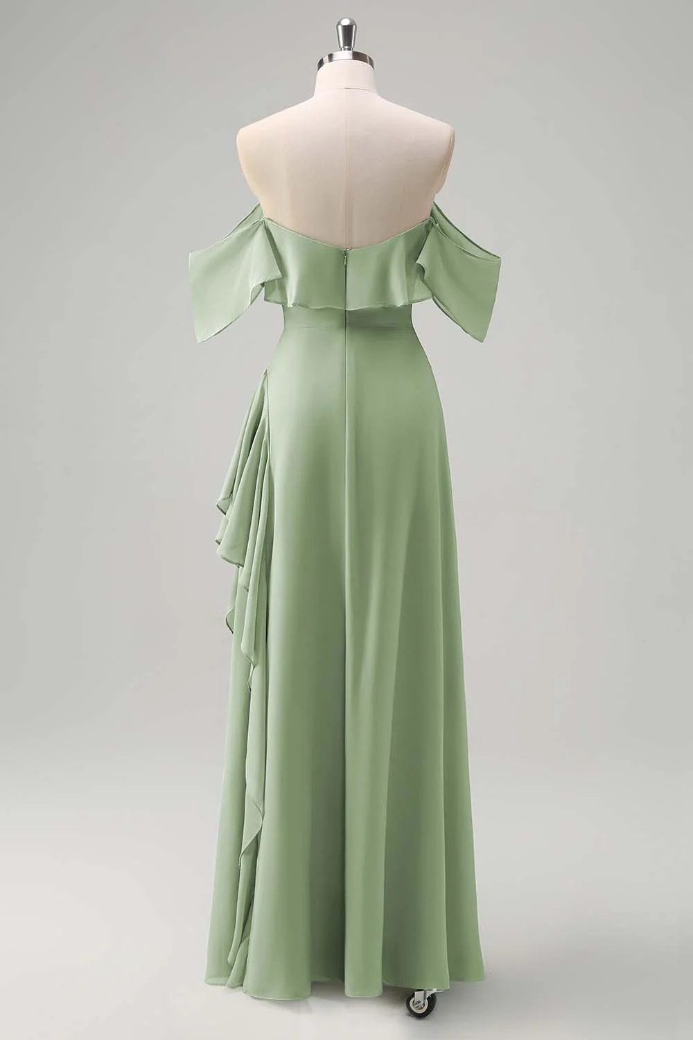 Light Green Off The Shoulder Chiffon Long Bridesmaid Dress - JUORTHO