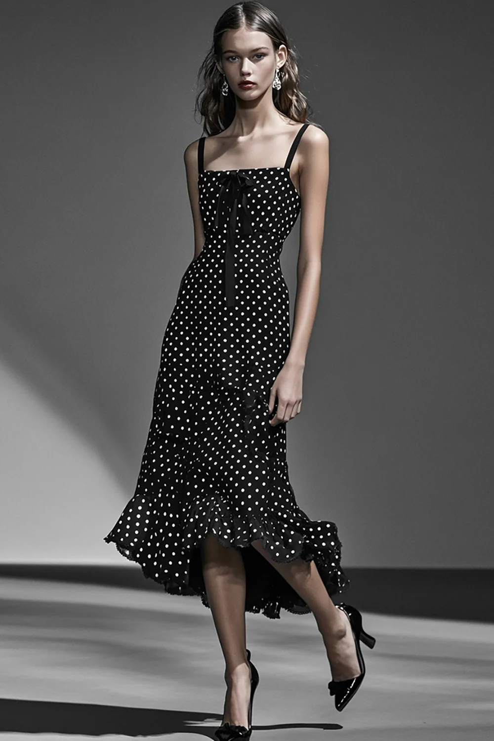 Boho A Line Black and White Maxi Chiffon Polka Dot Dress with Ruffles - JUORTHO