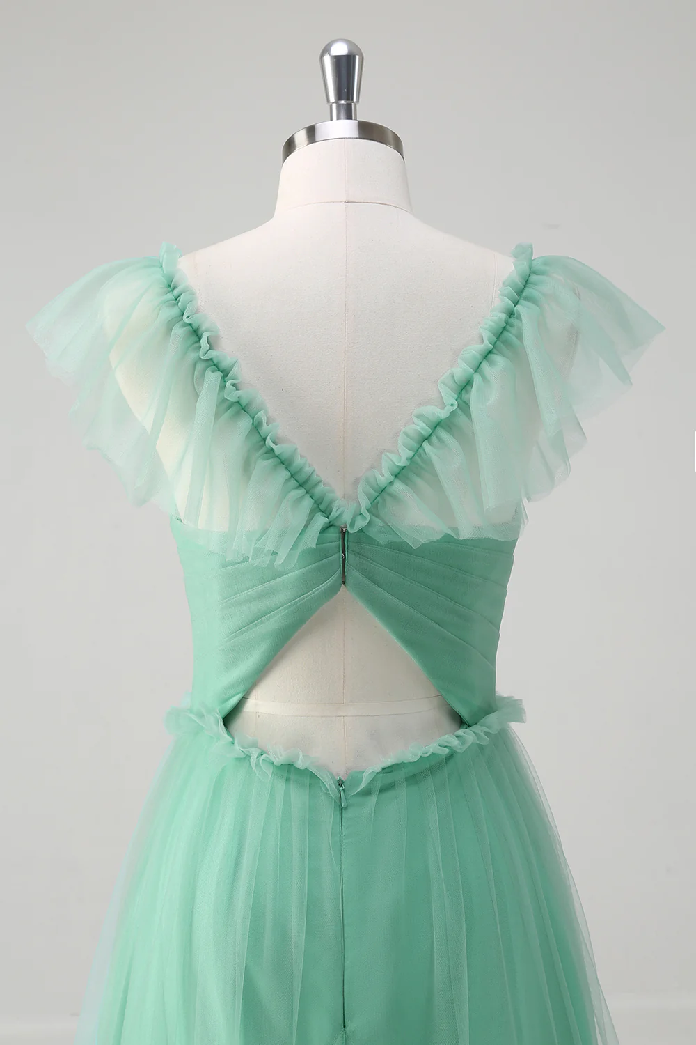 A-Line Green Ruffled Hollow Out Tulle Bridesmaid Dress - JUORTHO