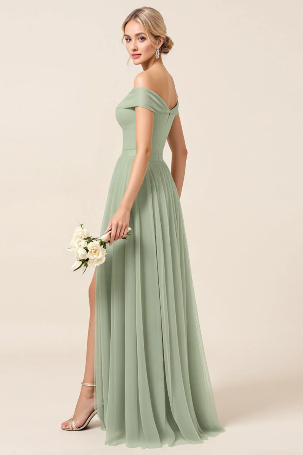 A Line Matcha Off the Shoulder Long Bridesmaid Dress with Slit - JUORTHO