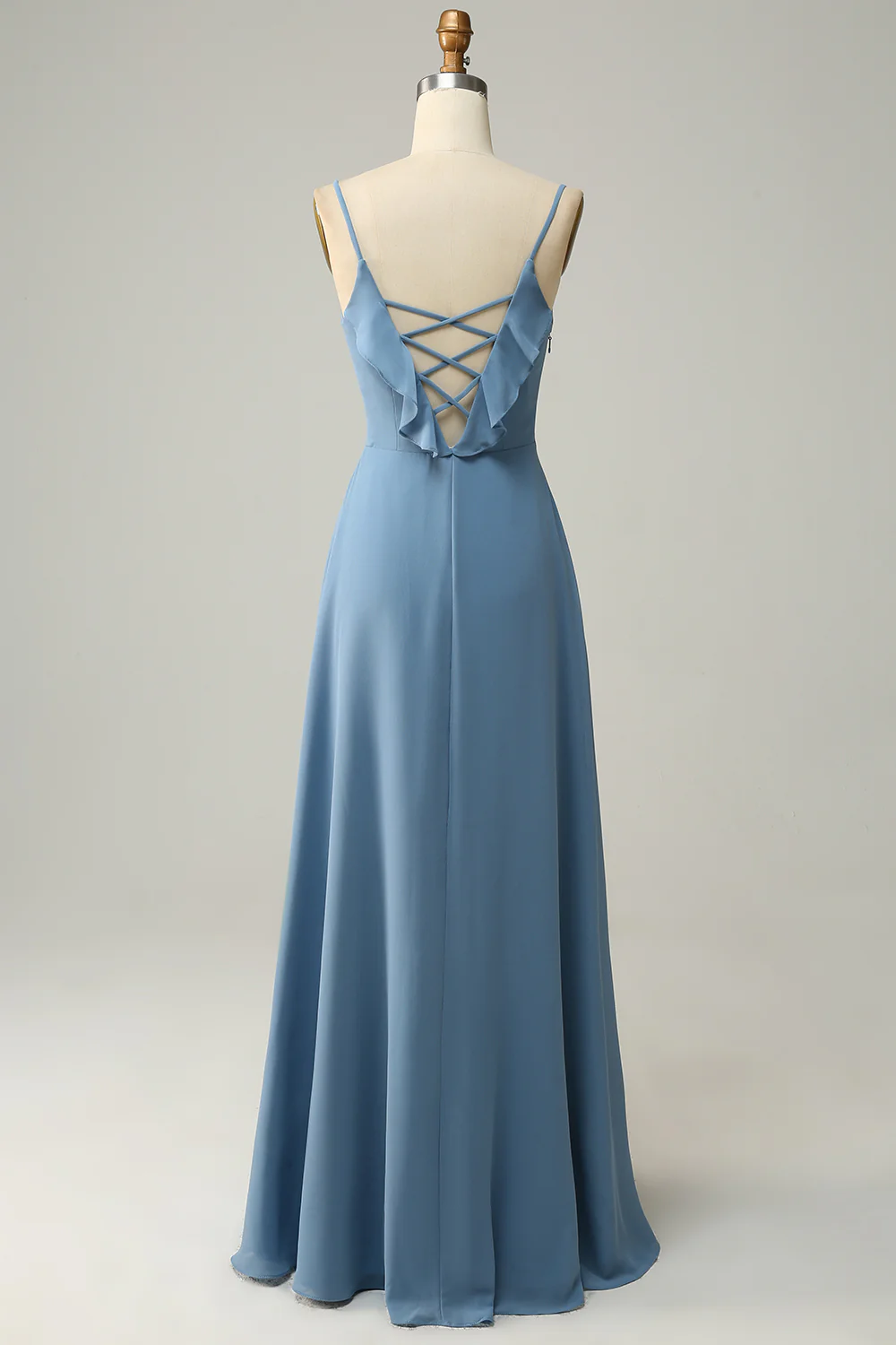 A Line Spaghetti Straps Grey Blue Long Bridesmaid Dress with Ruffles - JUORTHO