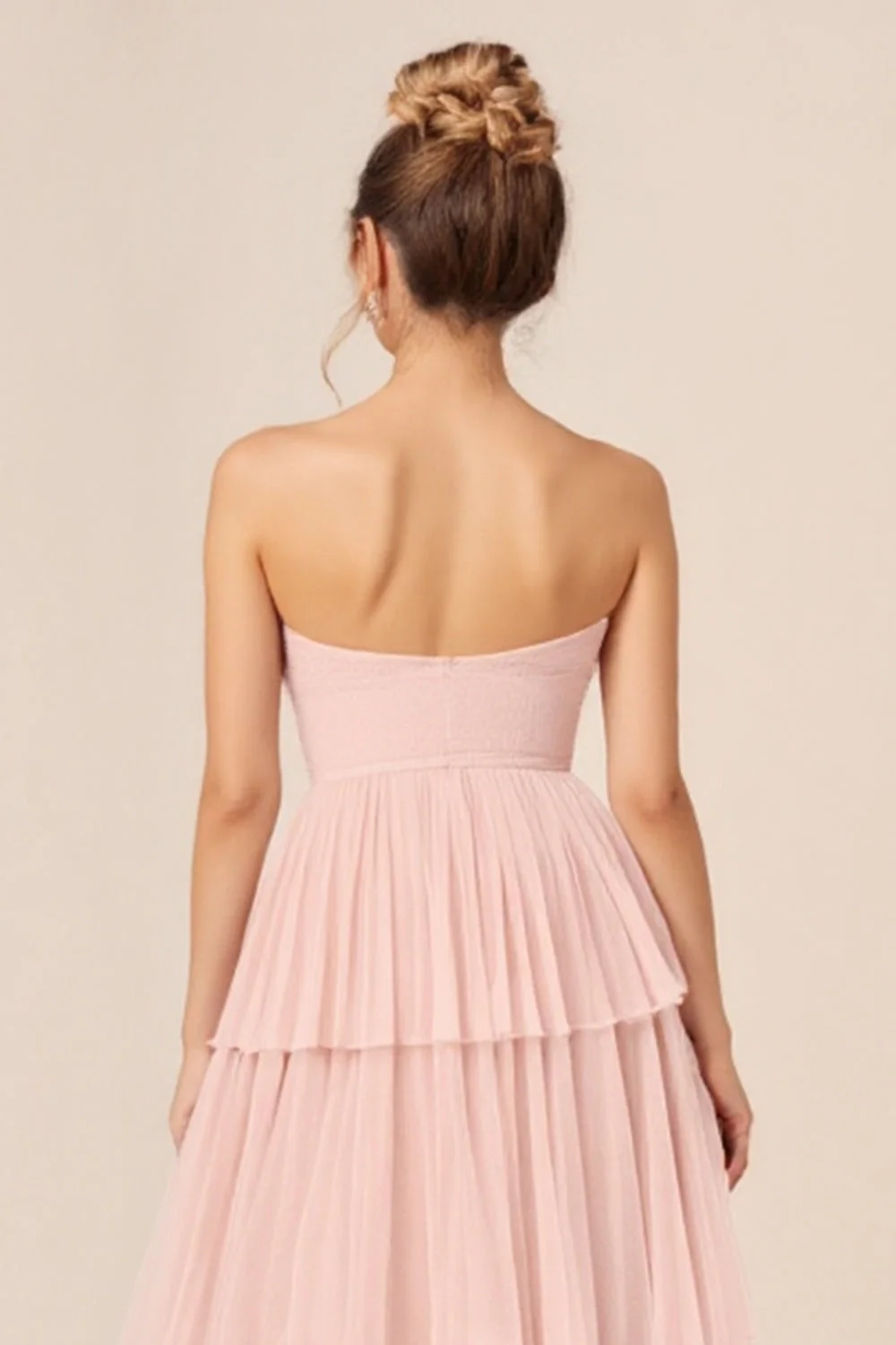 A Line Tiered Candy Pink Strapless Long Bridesmaid Dress - JUORTHO