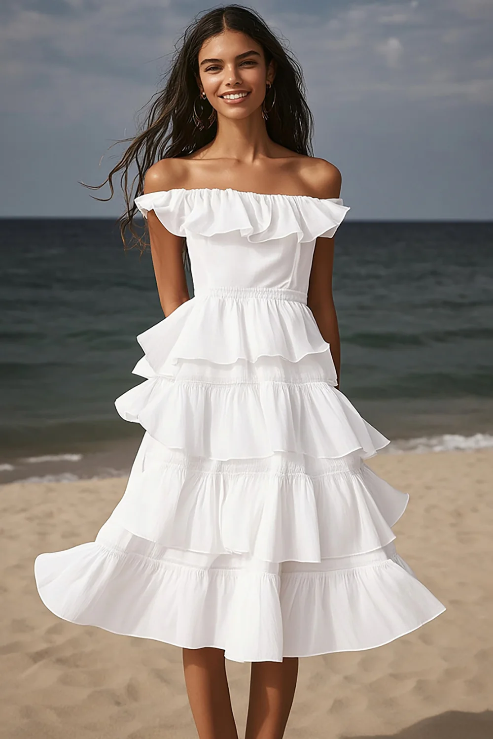 Ivory Tiered Midi Beach Engagement Dress with Ruffles - JUORTHO