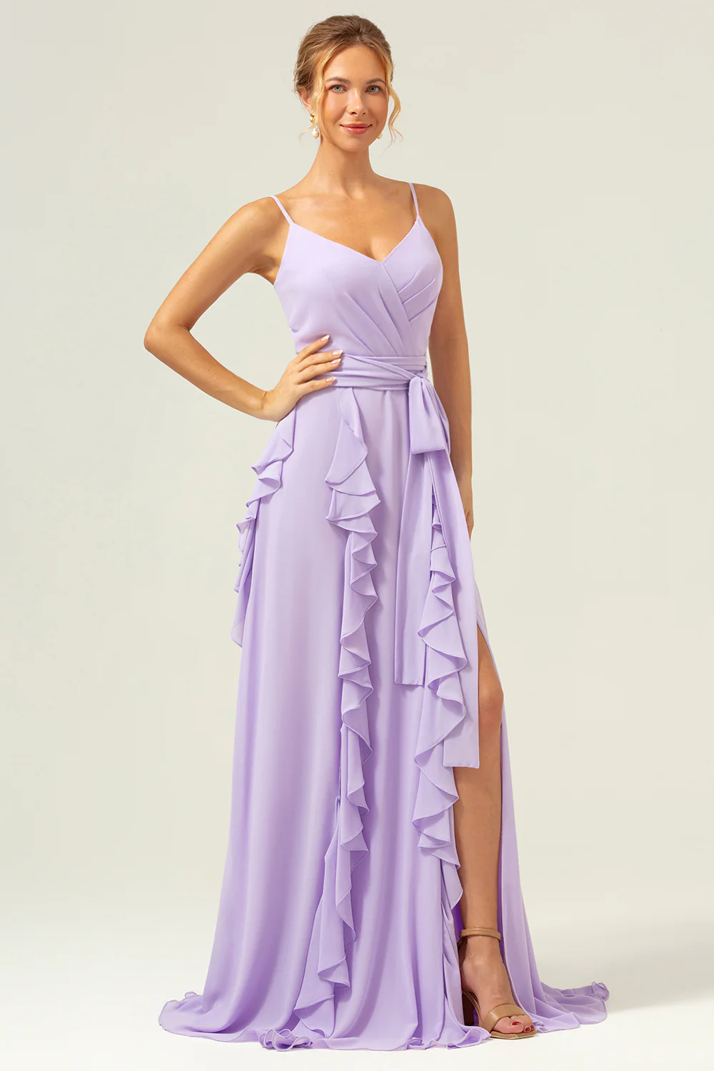 Lilac A-Line Spaghetti Straps Long Bridesmaid Dress With Slit - JUORTHO