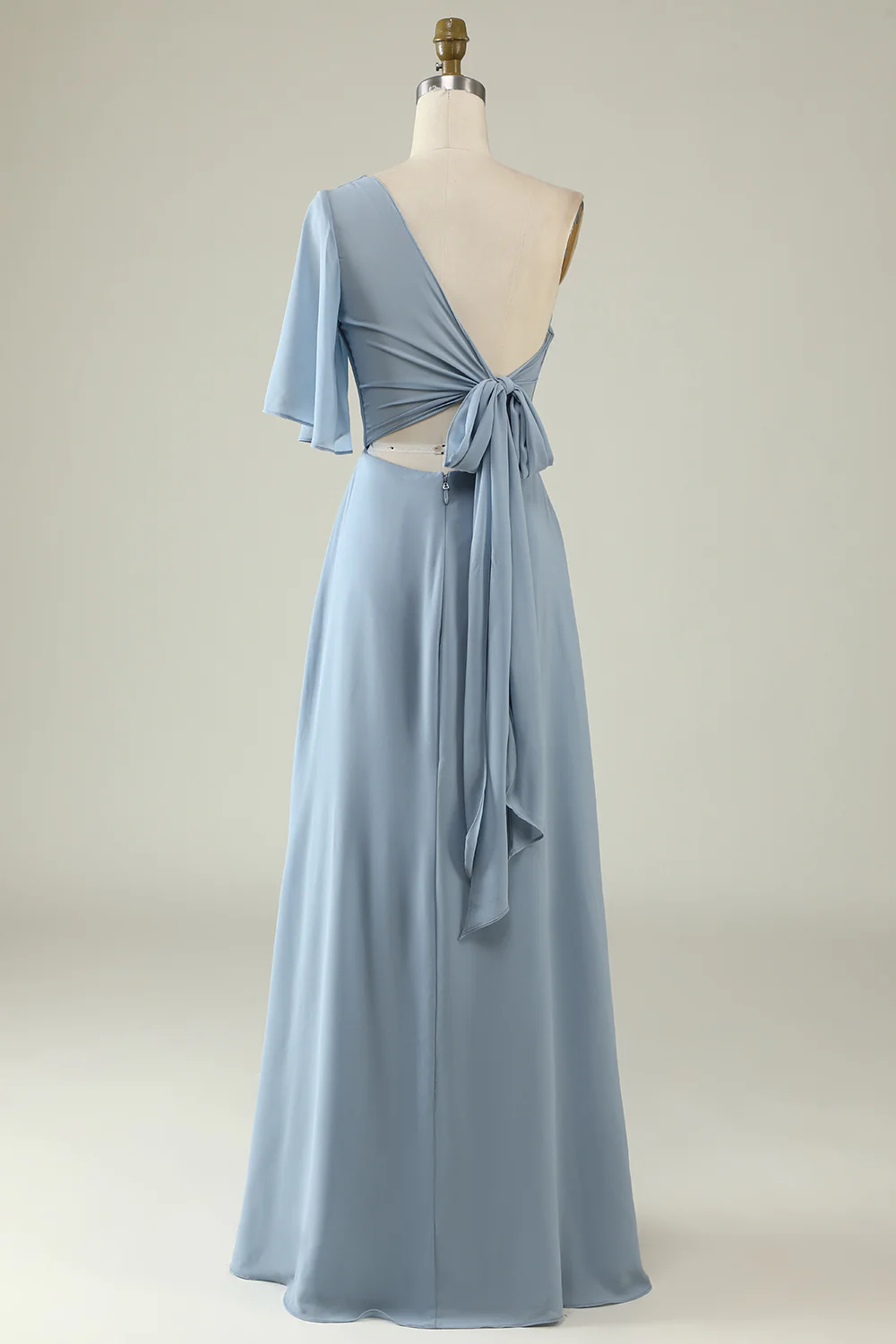 Grey Blue One Shoulder Chiffon Boho Bridesmaid Dress - JUORTHO