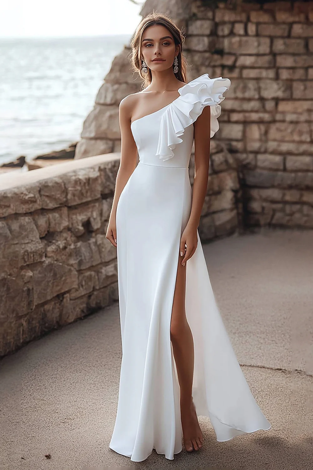 Ivory Ruffled One Shoulder Maxi Satin Rehearsal Dinner Dress with Slit - JUORTHO