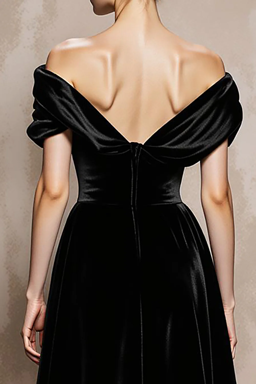 Black A Line Velvet Off the Shoulder Long Formal Dress - JUORTHO