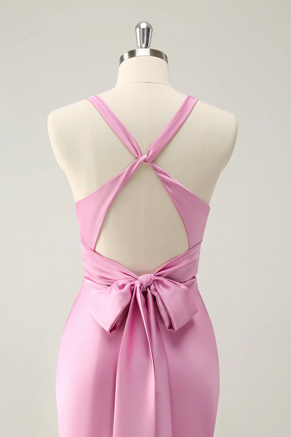 Pink Mermaid V Neck Satin Long Bridesmaid Dress - JUORTHO