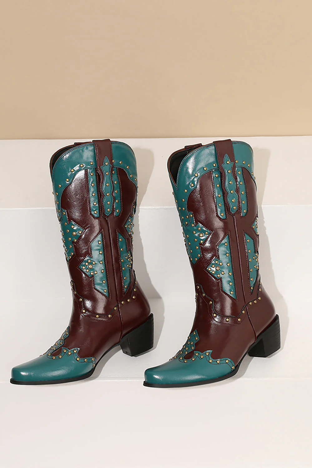 Women's Embroidered Blue Pointed Toe Calf High Cowgirl Boots - JUORTHO