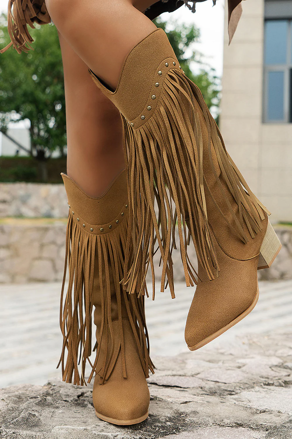 Brown Leopard Mid Calf Chunky Heel Cowgirl Boots with Fringes - JUORTHO