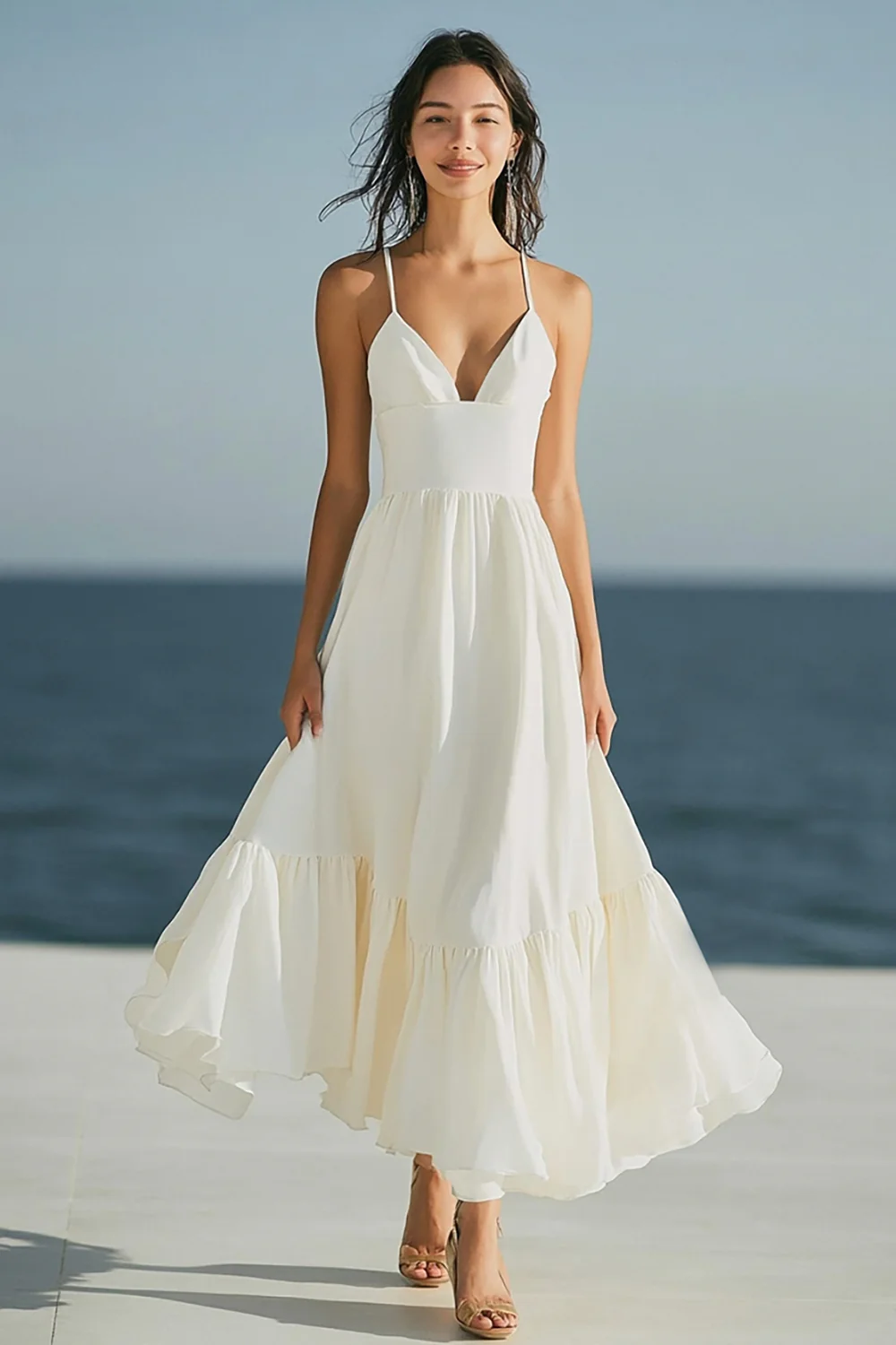 Simple Ivory Spaghetti Straps Beach Maxi Engagement Dress - JUORTHO