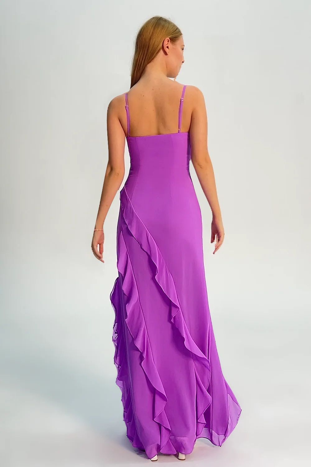 Tahiti Ruffled Spaghetti Straps Chiffon Long Bridesmaid Dress with Slit - JUORTHO