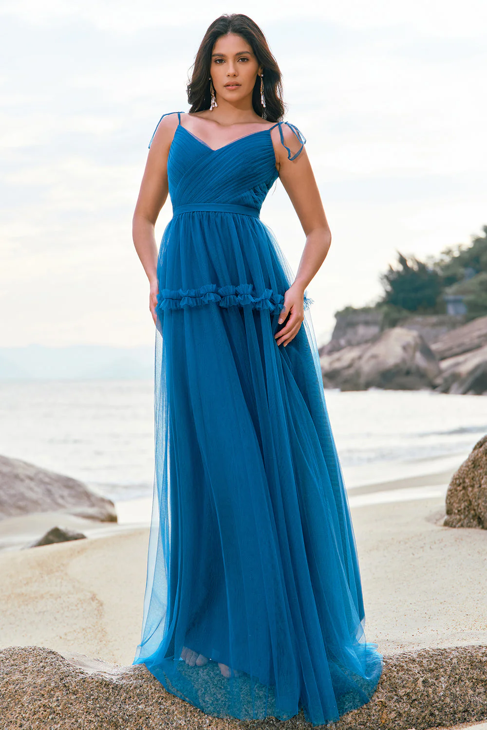 Dark Blue A-Line Spaghetti Straps Pleated Long Bridesmaid Dress - JUORTHO