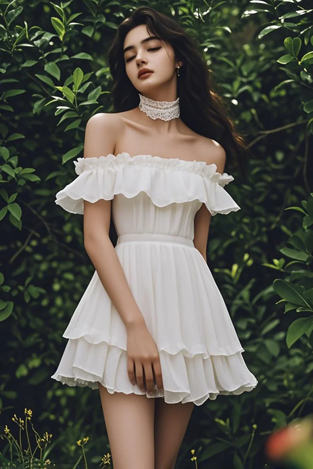Ivory Chiffon Short A Line Off the Shoulder Graduation Dress with Ruffles - JUORTHO