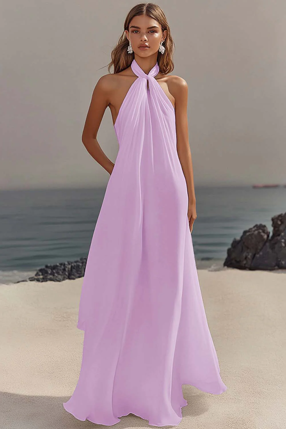 Chiffon White A Line Halter Long Rehearsal Dinner Dress - JUORTHO