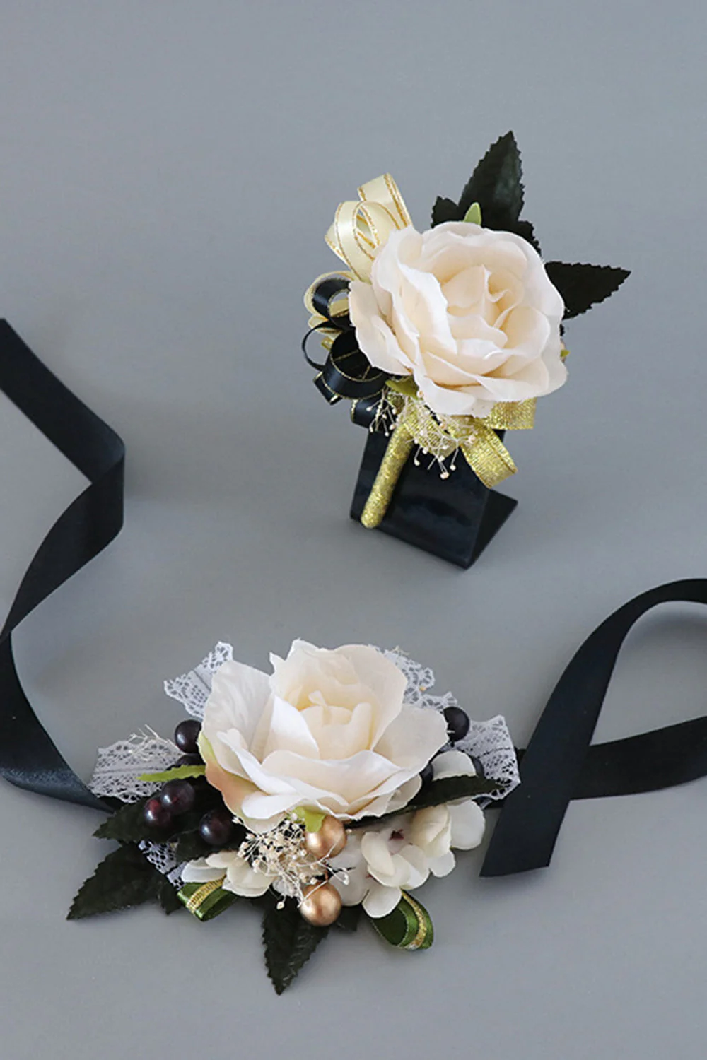 Luxury Black White Homecoming Wrist Corsage and Men's Boutonniere Set - JUORTHO