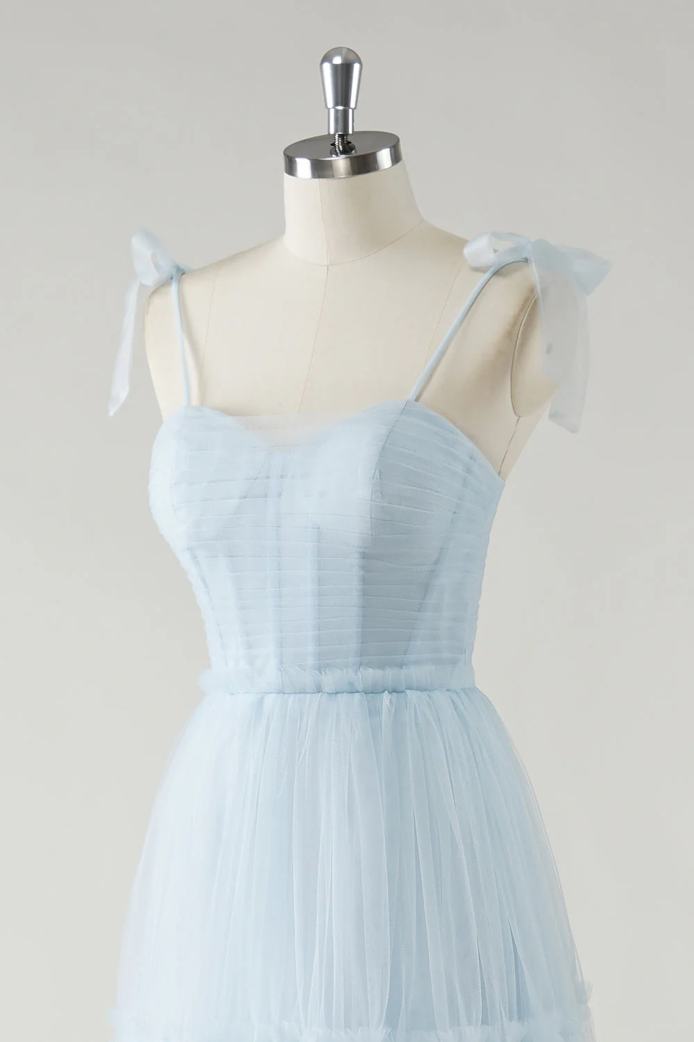 A-Line Bow Tie Straps Sky Blue Tulle Long Bridesmaid Dress - JUORTHO