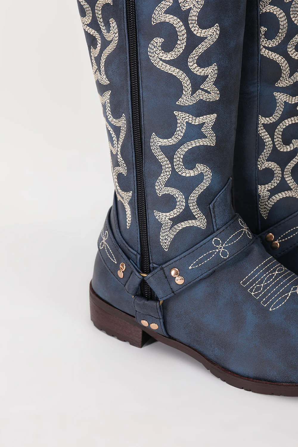Embroidered Blue Cowgirl Boho Mid Calf Boots - JUORTHO