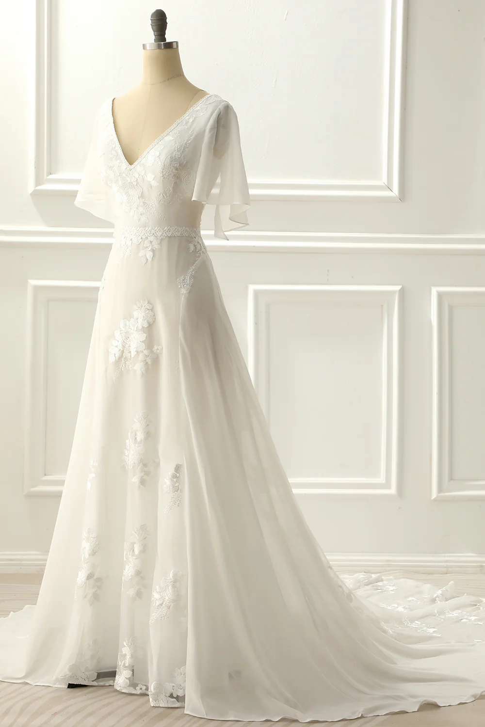 A-line V neck Floor-length Ivory Appliques Wedding Dress - JUORTHO