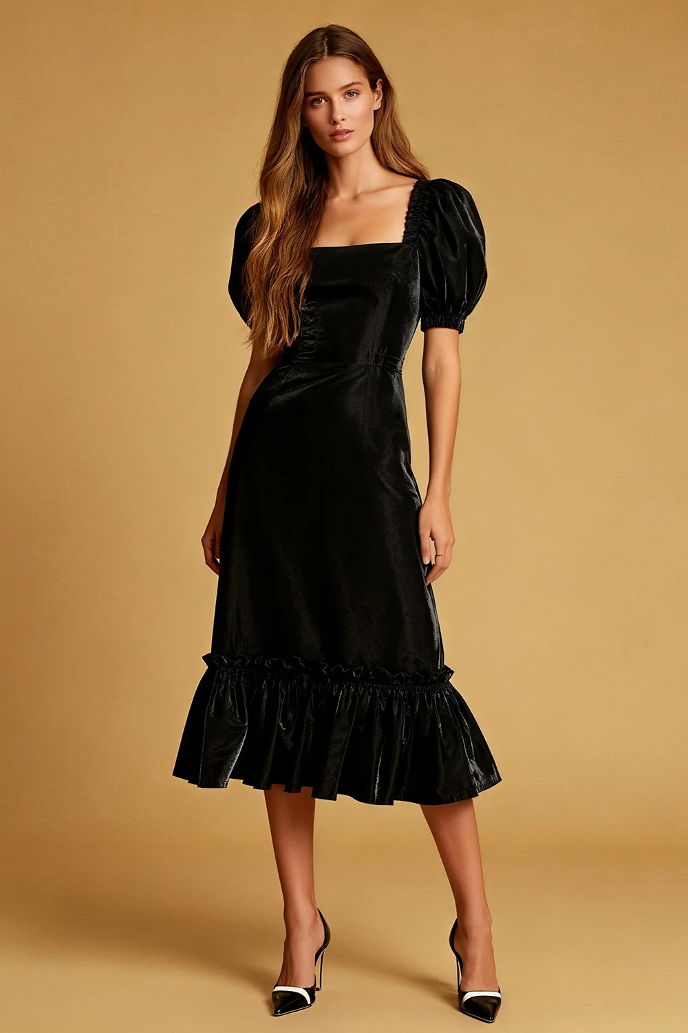 Black Velvet Sheath Square Neck Midi Cocktail Dress with Sleeves - JUORTHO