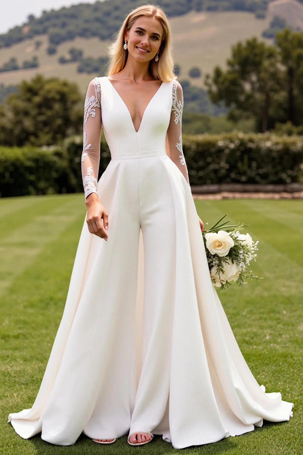 Ivory Satin Deep V-Neck Sweep Train Wedding Jumpsuits with Lace - JUORTHO