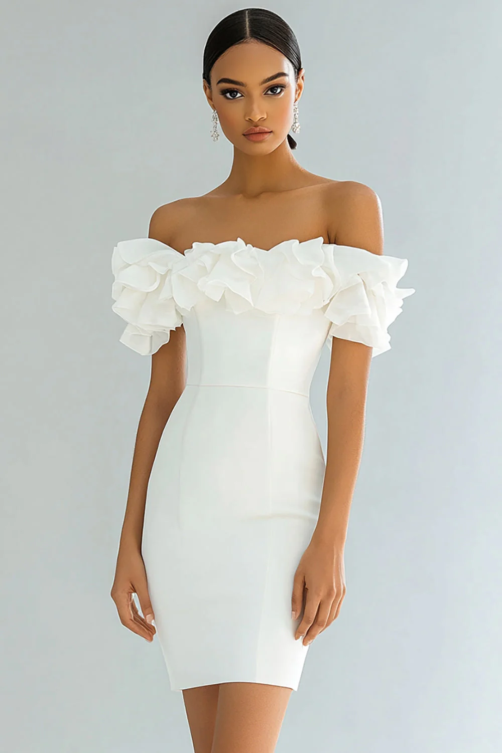 Ivory Bodycon Off the Shoulder Short Satin Graduation Dress - JUORTHO