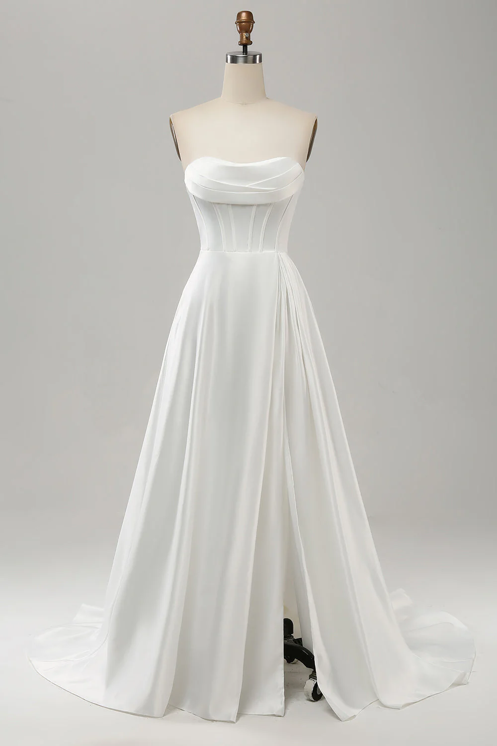 Elegant White A Line Strapless Pleated Sweep Train Bridal Dress With Split - JUORTHO