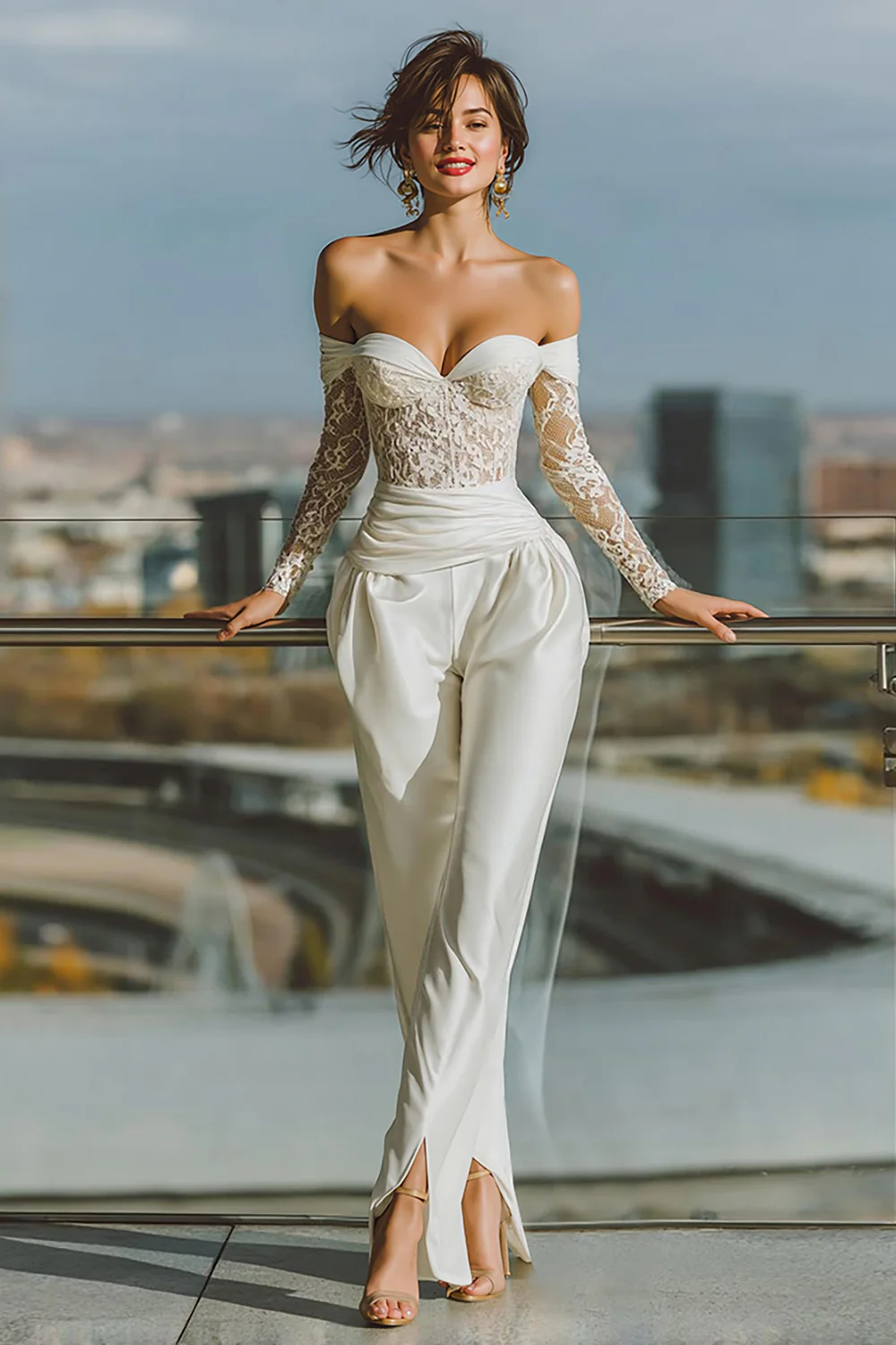 White Off the Shoulder Bridal Jumpsuits with Lace - JUORTHO