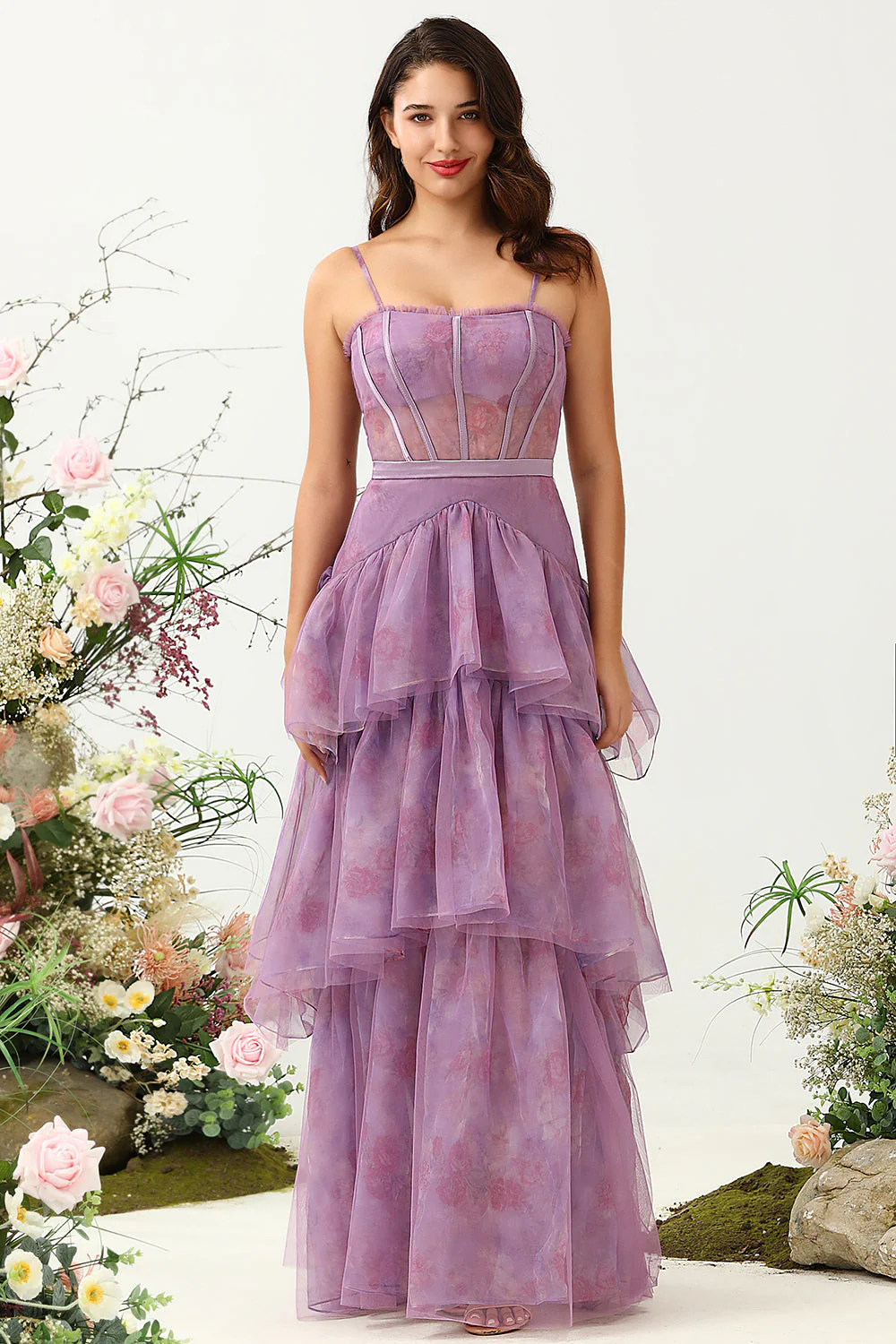 Purple Tulle Spaghetti Straps Corset Bridesmaid Dress - JUORTHO