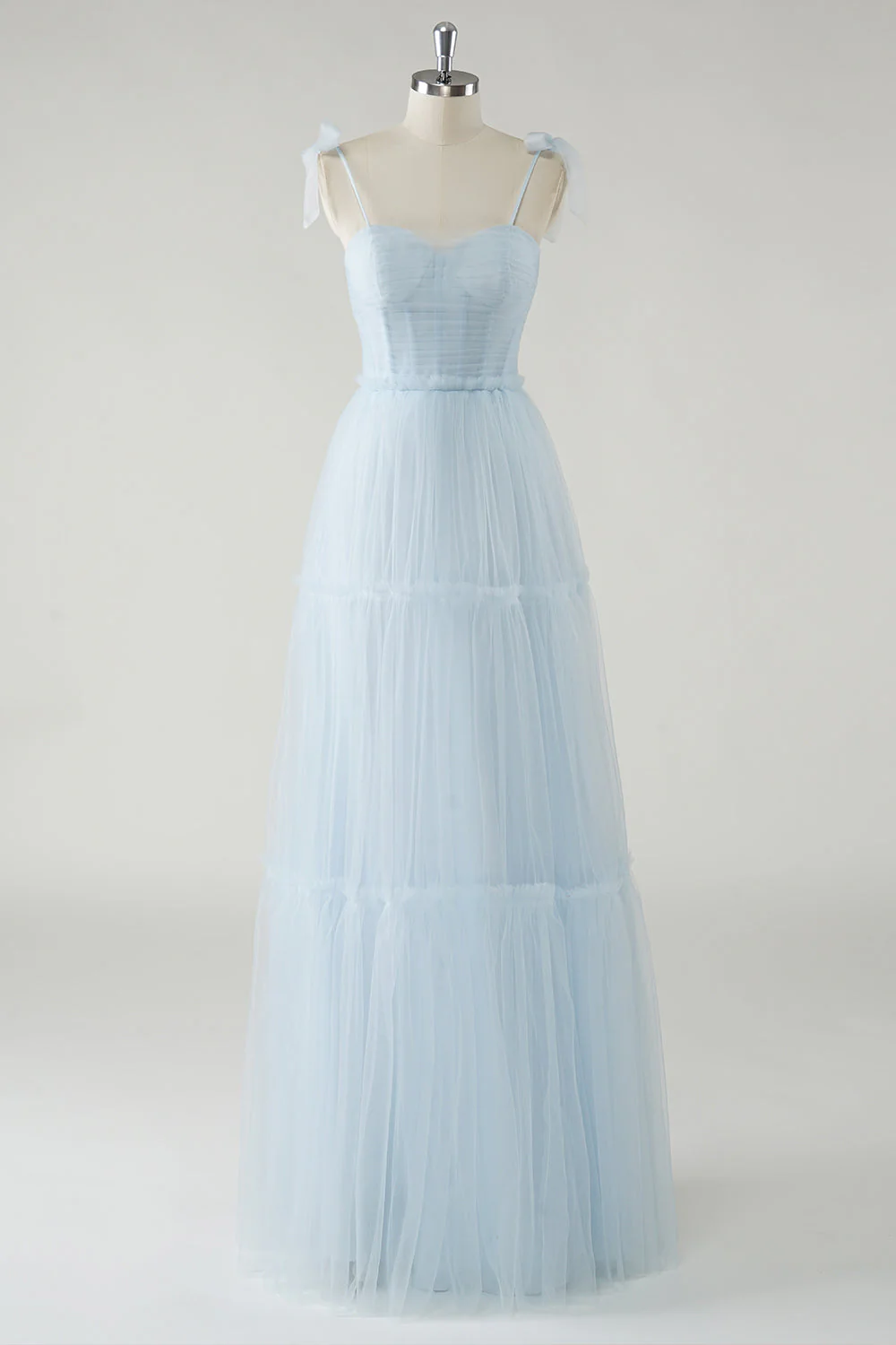 A-Line Bow Tie Straps Sky Blue Tulle Long Bridesmaid Dress - JUORTHO