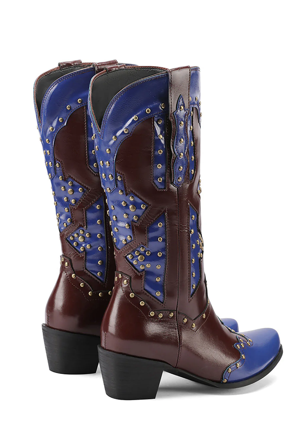 Women's Embroidered Blue Pointed Toe Calf High Cowgirl Boots - JUORTHO