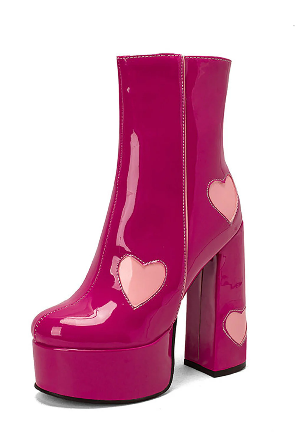 Black PU Leather Platform Chunky Block High Heel Boots with Pink Hearts - JUORTHO
