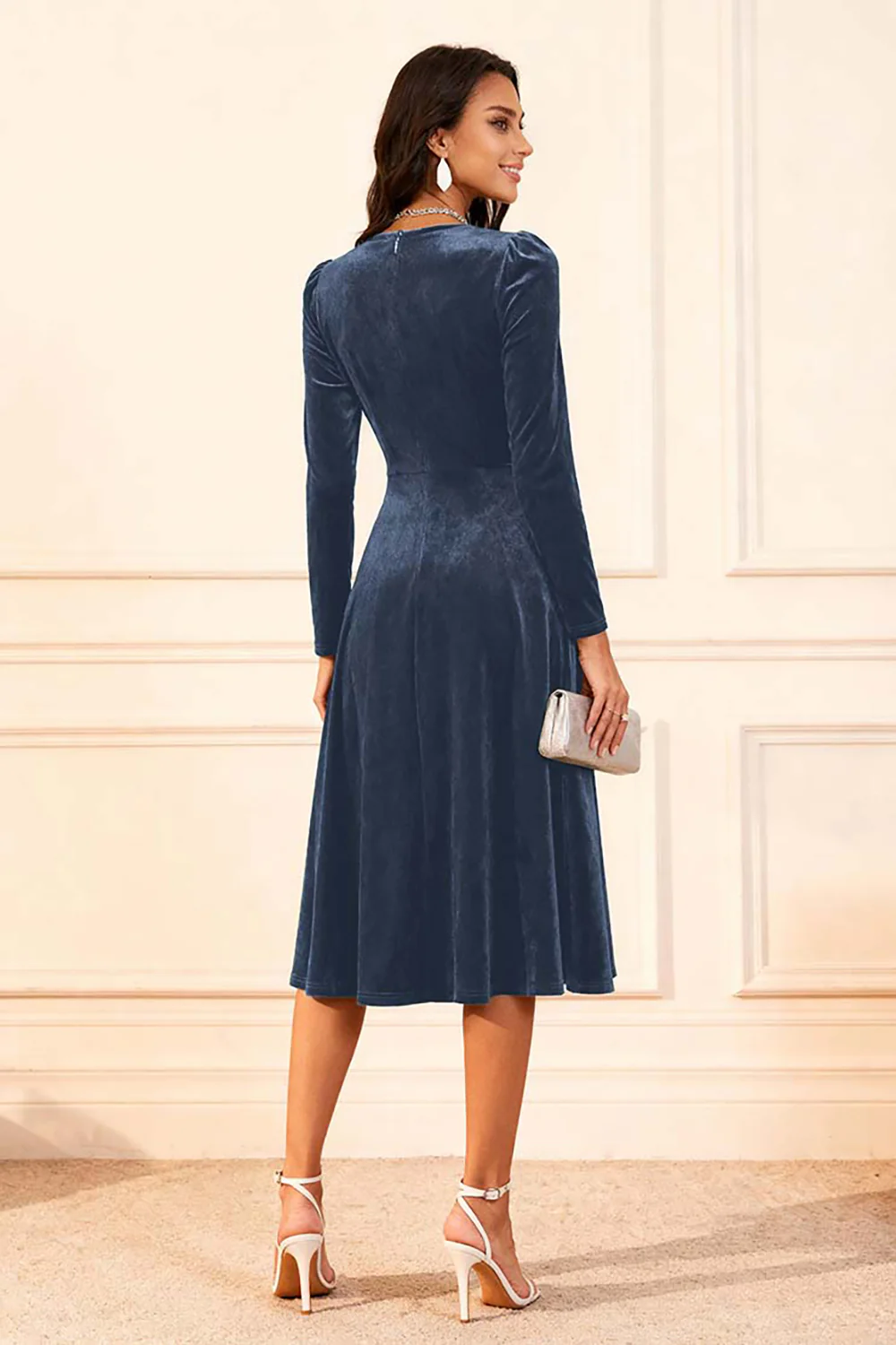 Dark Green A Line Velvet Midi Glitter Holiday Party Dress with Sleeves - JUORTHO