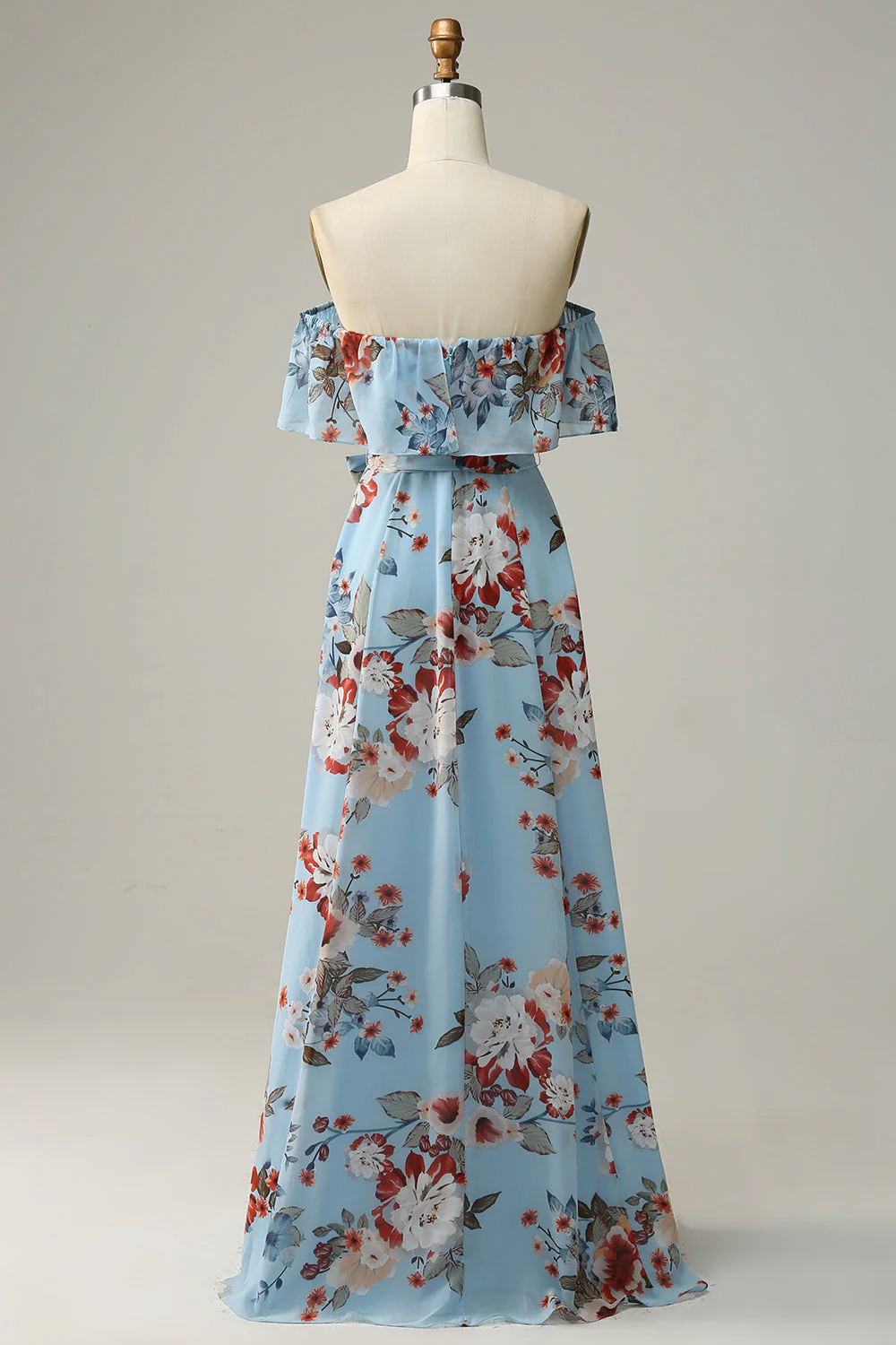 Dark Blue Floral Boho Chiffon Long Bridesmaid Dress - JUORTHO